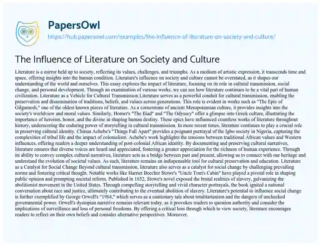 Essay on The Influence of Literature on Society and Culture
