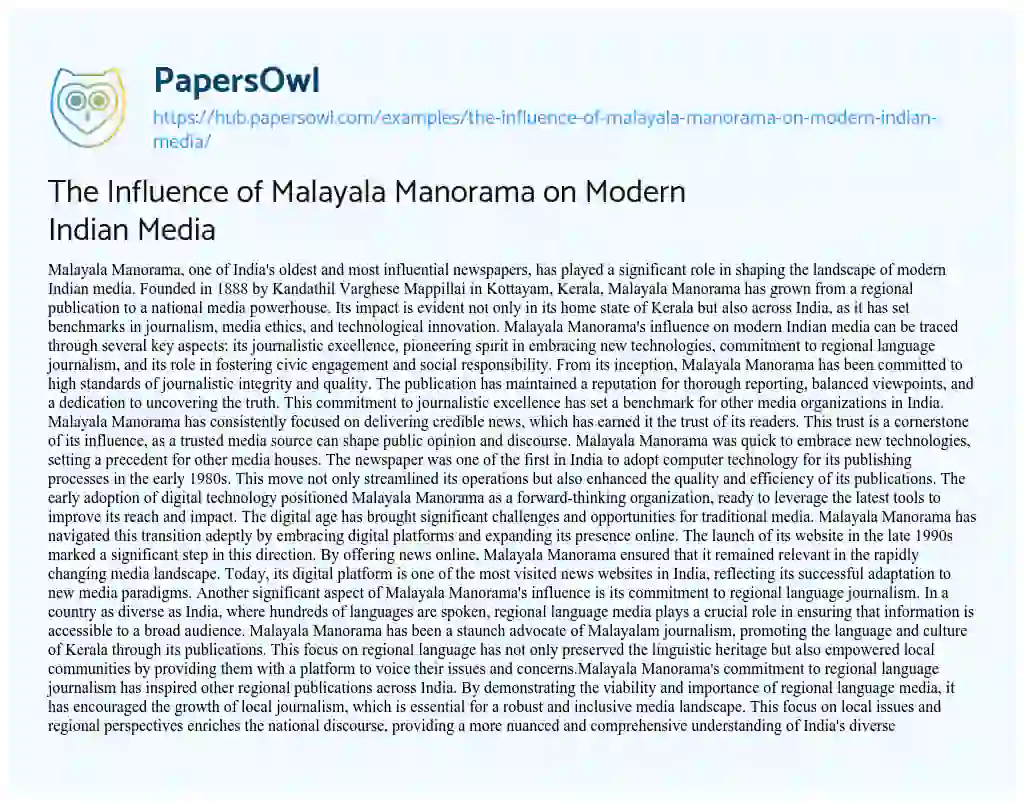 Essay on The Influence of Malayala Manorama on Modern Indian Media