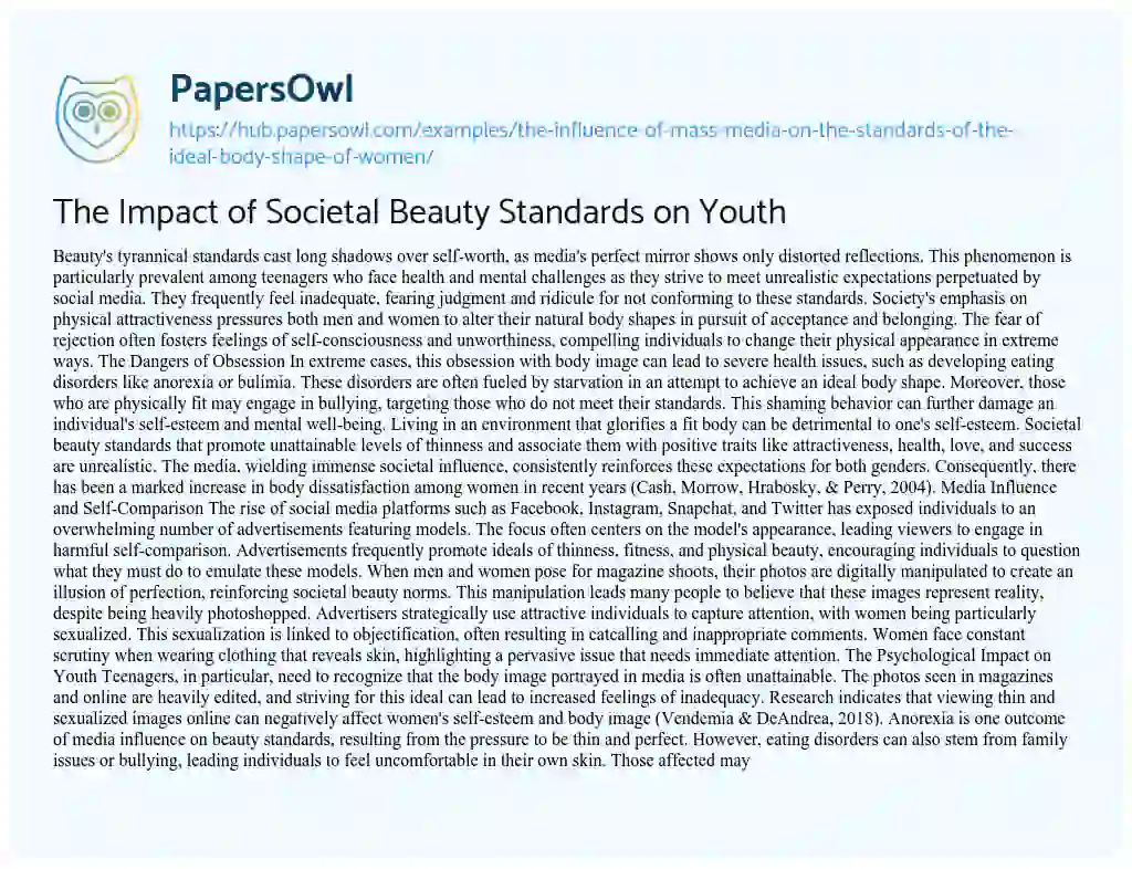 Essay on The Impact of Societal Beauty Standards on Youth