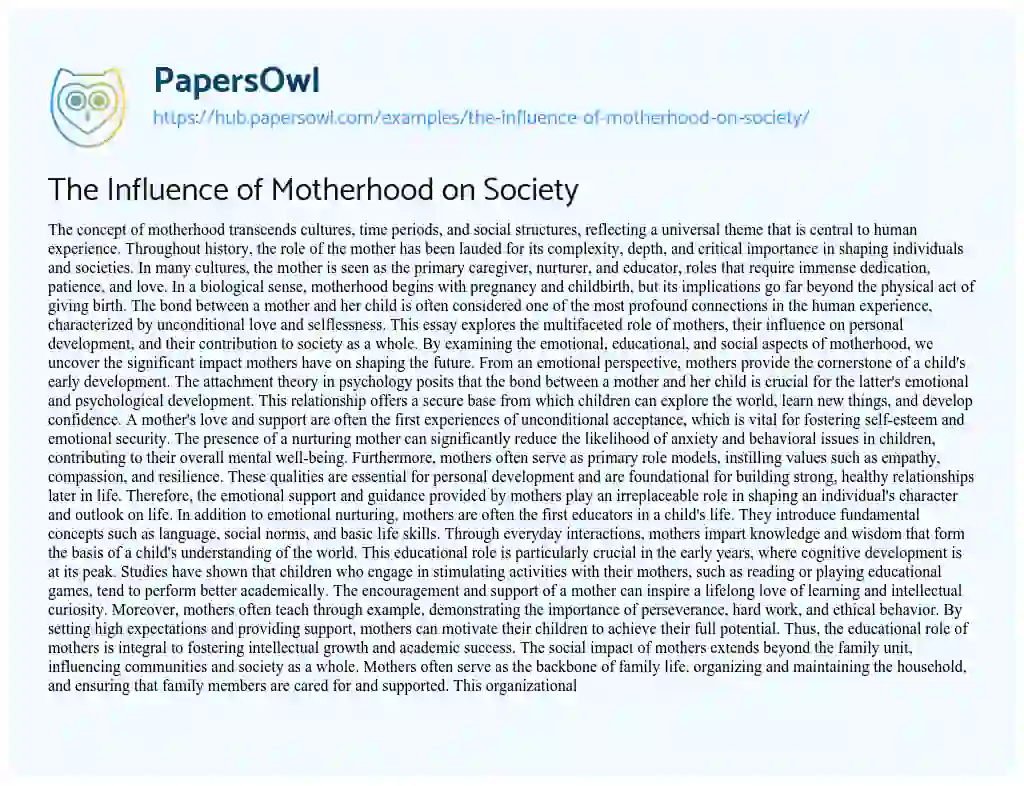 Essay on The Influence of Motherhood on Society