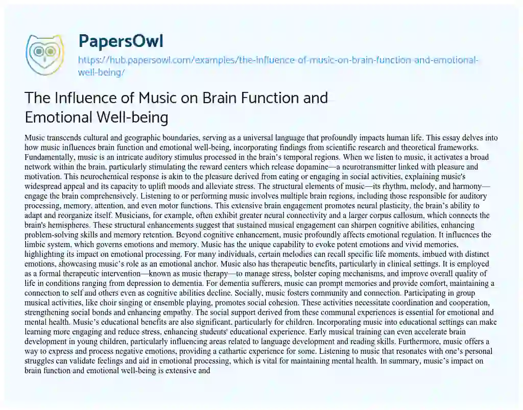 Essay on The Influence of Music on Brain Function and Emotional Well-being