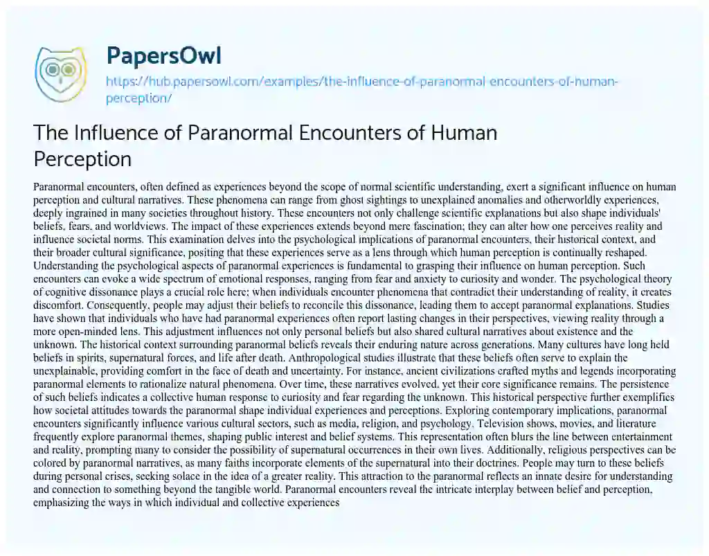 Essay on The Influence of Paranormal Encounters of Human Perception