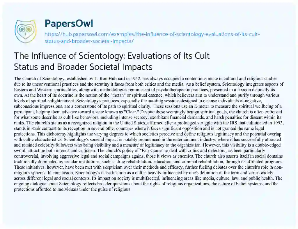 Essay on The Influence of Scientology: Evaluations of Its Cult Status and Broader Societal Impacts