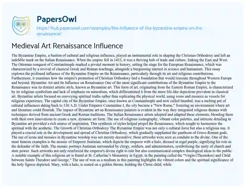 Essay on Medieval Art Renaissance Influence