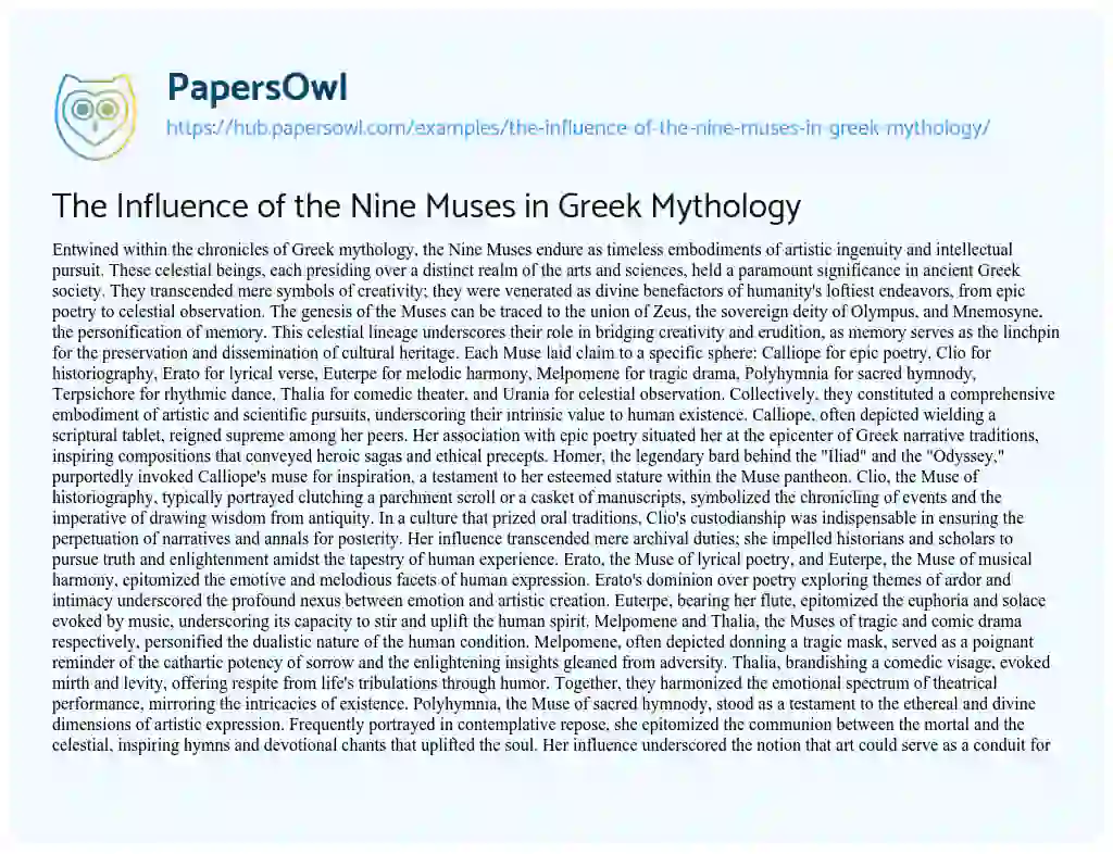 Essay on The Influence of the Nine Muses in Greek Mythology