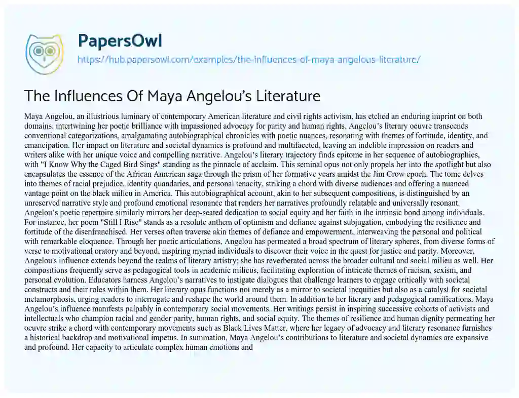 Essay on The Influences Of Maya Angelou’s Literature