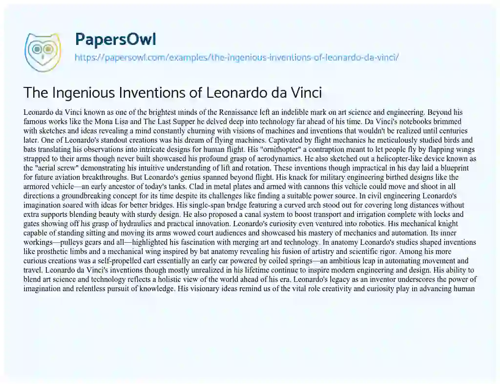 Essay on The Ingenious Inventions of Leonardo da Vinci