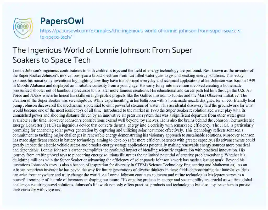Essay on The Ingenious World of Lonnie Johnson: From Super Soakers to Space Tech