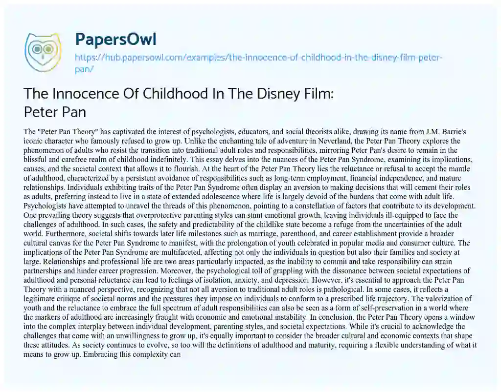 Essay on The Innocence Of Childhood In The Disney Film: Peter Pan