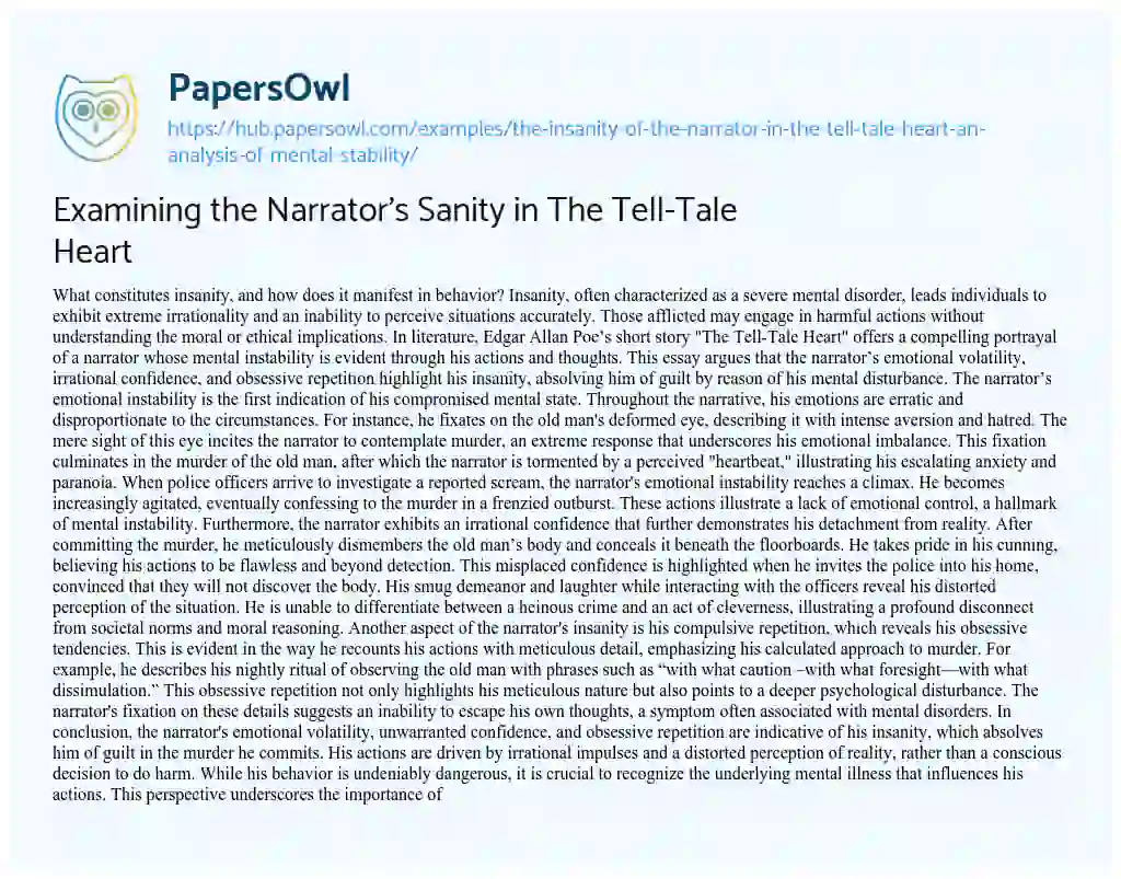 Essay on Examining the Narrator’s Sanity in The Tell-Tale Heart