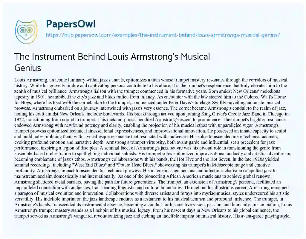 Essay on The Instrument Behind Louis Armstrong’s Musical Genius