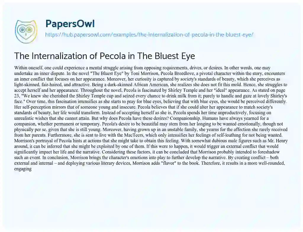 Essay on The Internalization of Pecola in The Bluest Eye