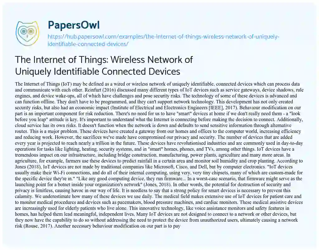 Essay on The Internet of Things: Wireless Network of Uniquely Identifiable Connected Devices