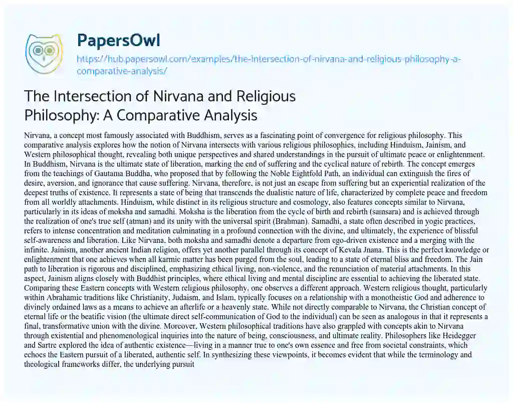 Essay on The Intersection of Nirvana and Religious Philosophy: A Comparative Analysis