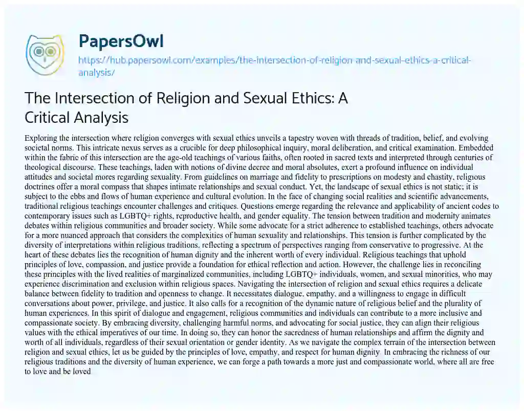 Essay on The Intersection of Religion and Sexual Ethics: A Critical Analysis