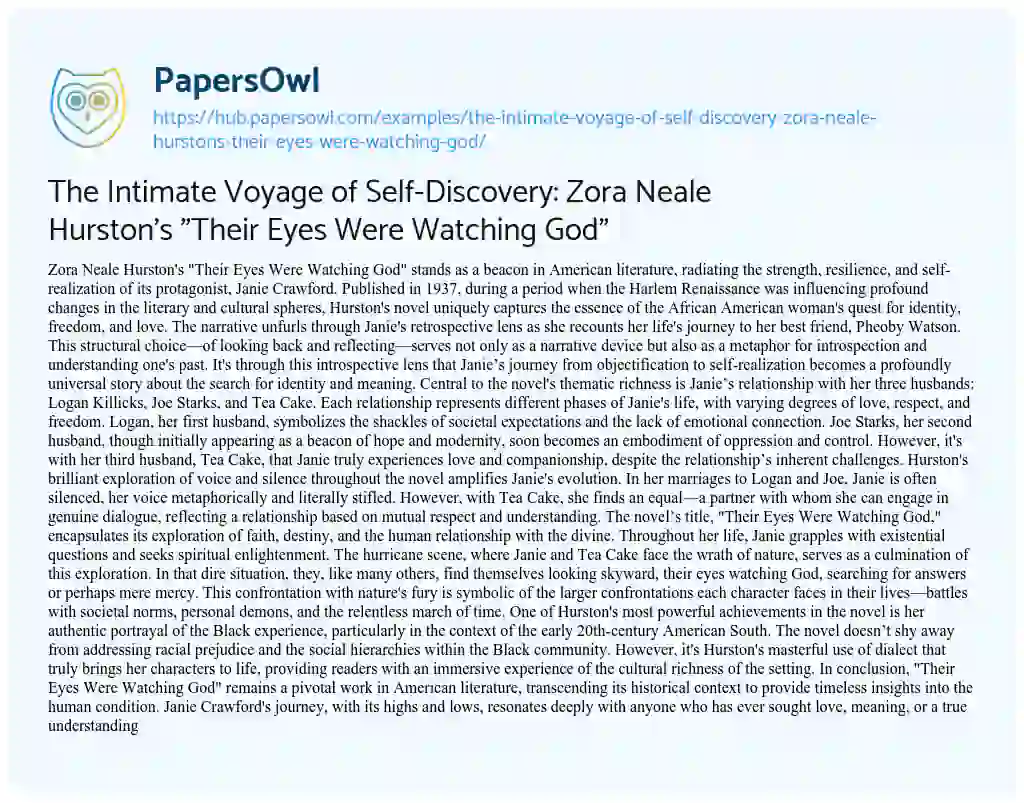 Essay on The Intimate Voyage of Self-Discovery: Zora Neale Hurston’s “Their Eyes Were Watching God”