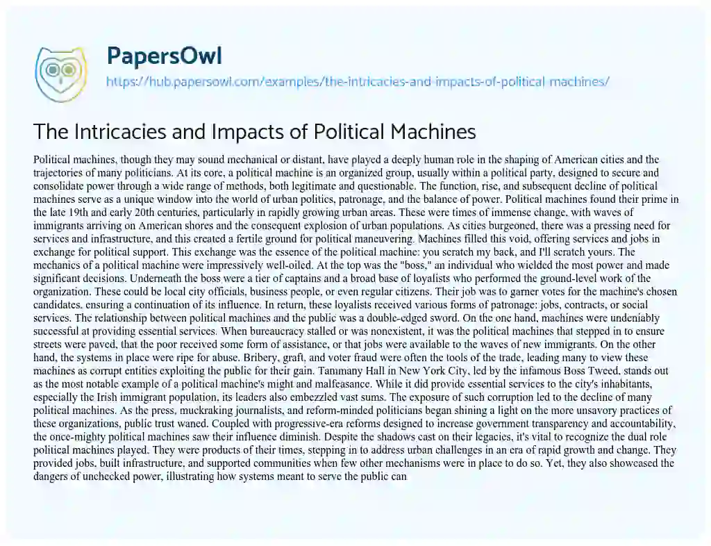 Essay on The Intricacies and Impacts of Political Machines