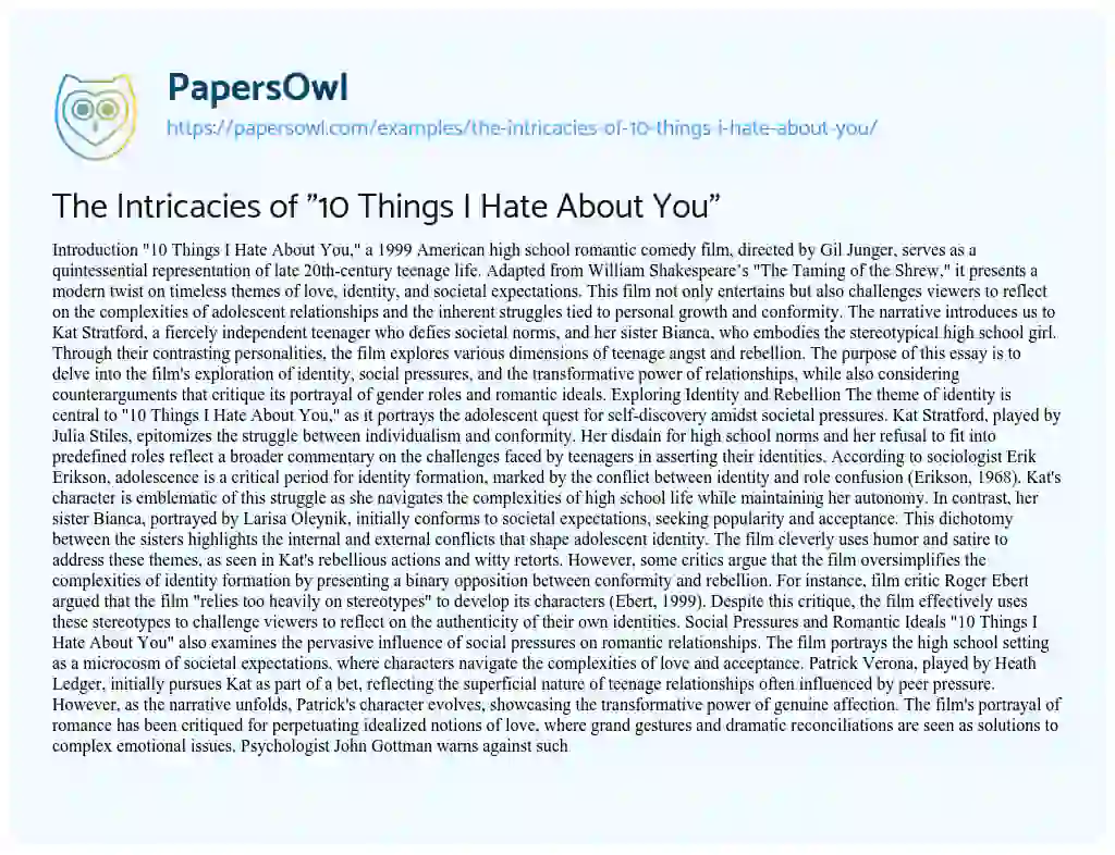 Essay on The Intricacies of “10 Things I Hate About You”