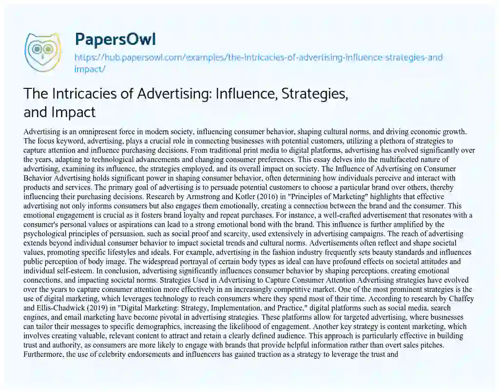 Essay on The Intricacies of Advertising: Influence, Strategies, and Impact
