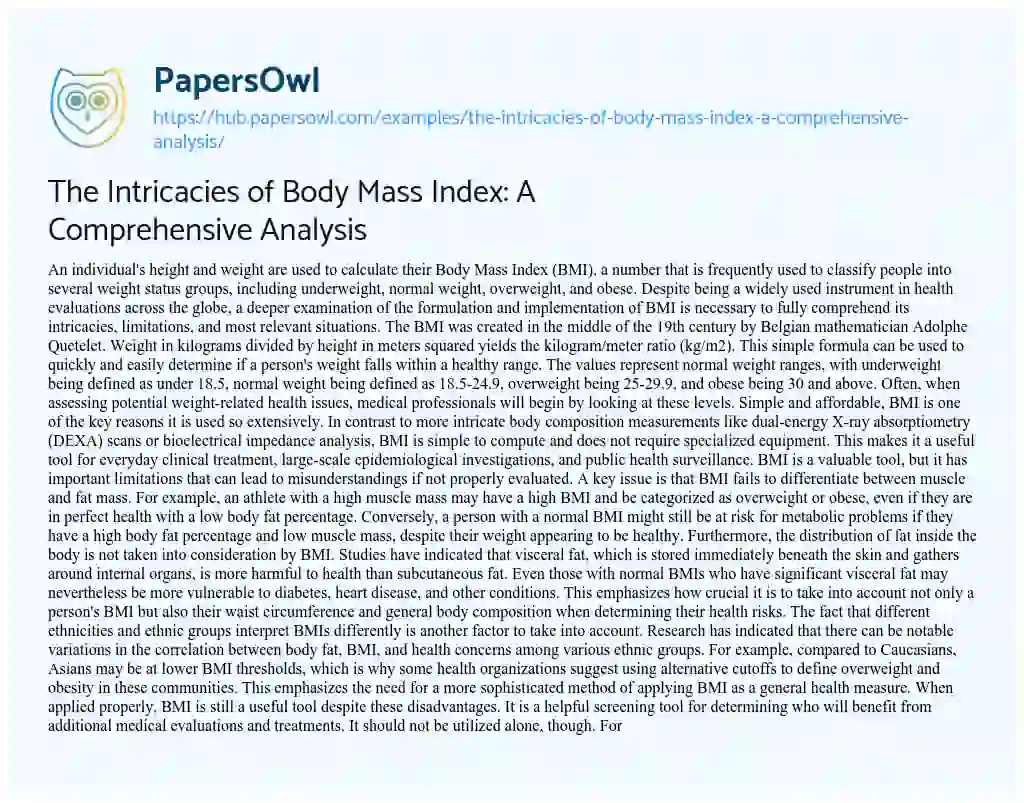 Essay on The Intricacies of Body Mass Index: A Comprehensive Analysis