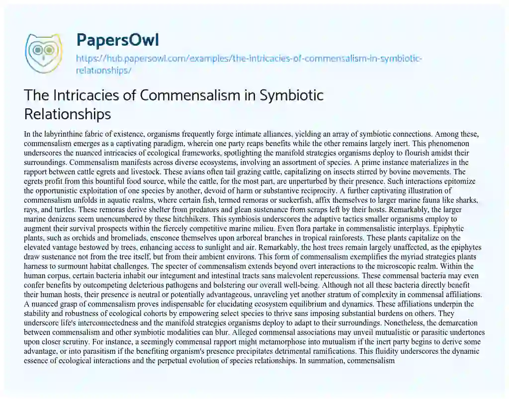 Essay on The Intricacies of Commensalism in Symbiotic Relationships