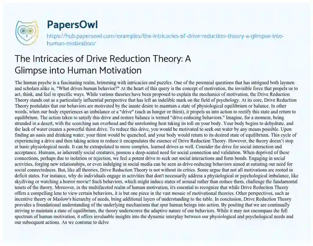 Essay on The Intricacies of Drive Reduction Theory: A Glimpse into Human Motivation