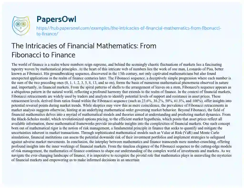 Essay on The Intricacies of Financial Mathematics: From Fibonacci to Finance