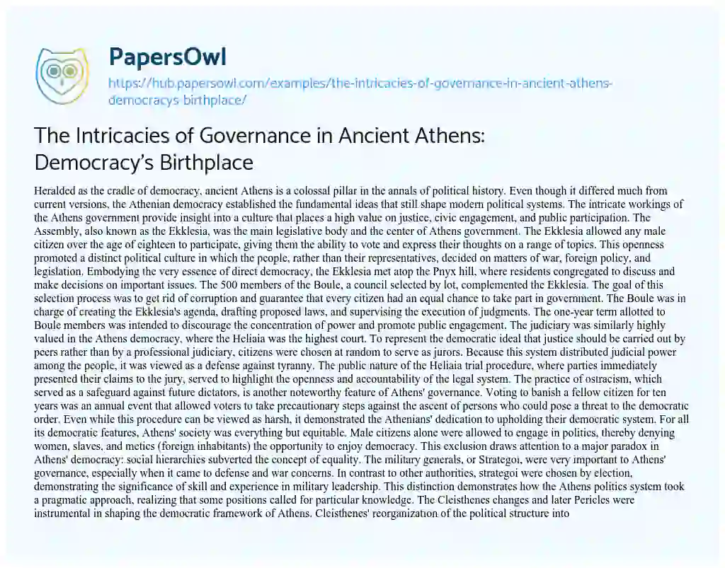 Essay on The Intricacies of Governance in Ancient Athens: Democracy’s Birthplace
