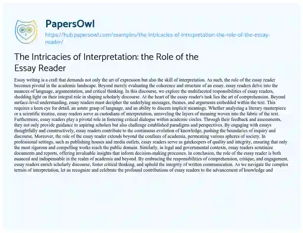 Essay on The Intricacies of Interpretation: the Role of the Essay Reader