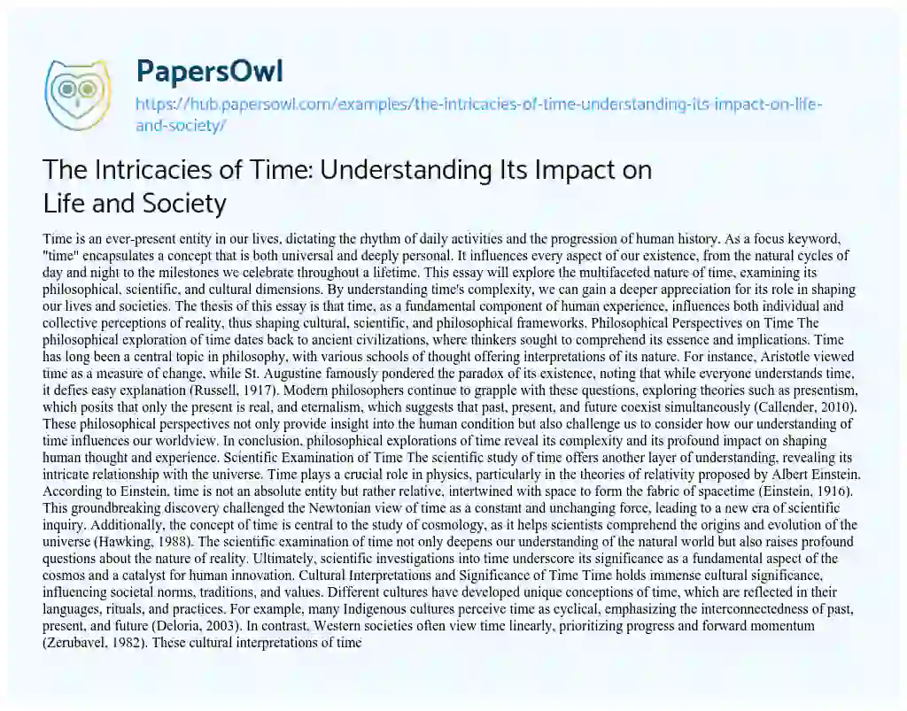 Essay on The Intricacies of Time: Understanding Its Impact on Life and Society