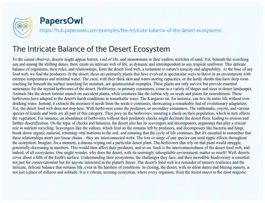 Essay on The Intricate Balance of the Desert Ecosystem