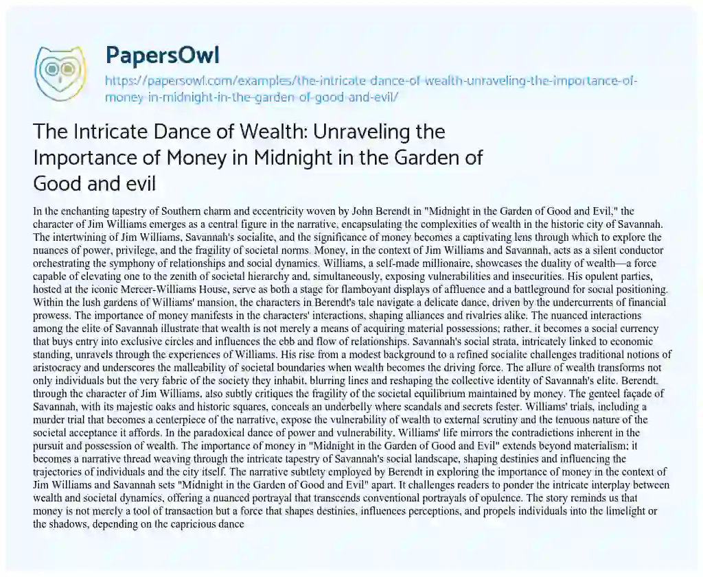 Essay on The Intricate Dance of Wealth: Unraveling the Importance of Money in Midnight in the Garden of Good and evil