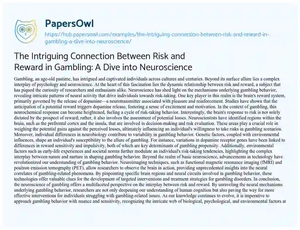 Essay on The Intriguing Connection Between Risk and Reward in Gambling: A Dive into Neuroscience