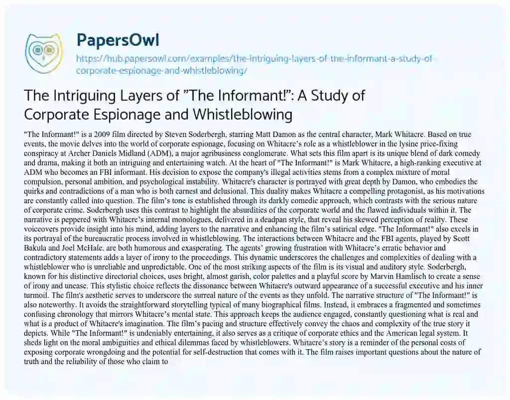 Essay on The Intriguing Layers of “The Informant!”: A Study of Corporate Espionage and Whistleblowing