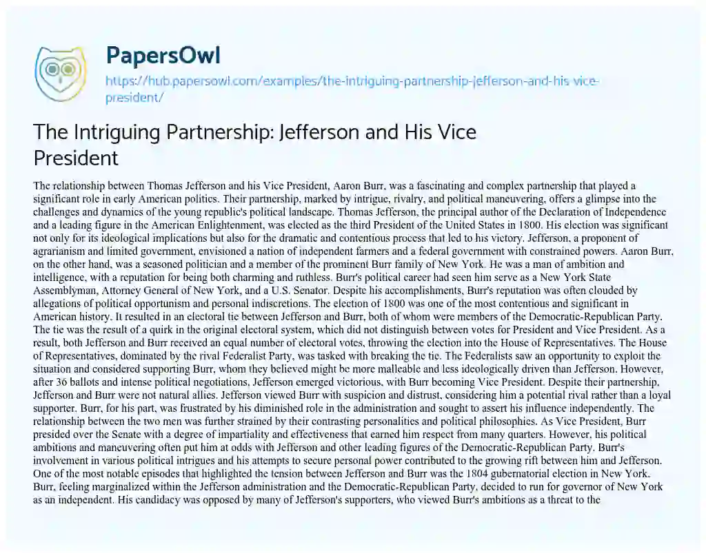 Essay on The Intriguing Partnership: Jefferson and His Vice President