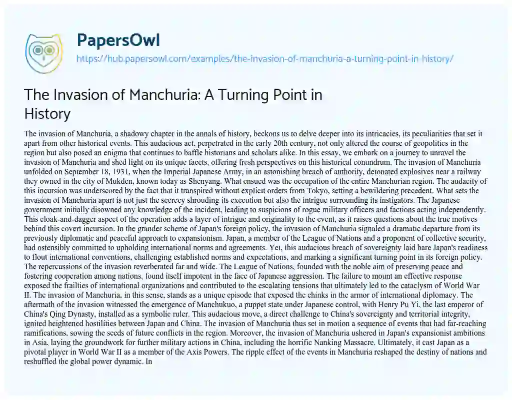 Essay on The Invasion of Manchuria: A Turning Point in History