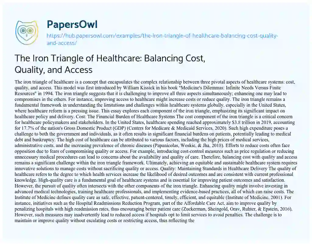 Essay on The Iron Triangle of Healthcare: Balancing Cost, Quality, and Access