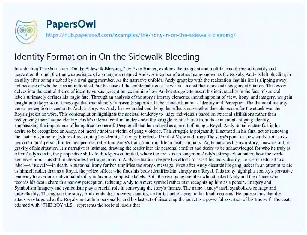 Essay on Identity Formation in On the Sidewalk Bleeding