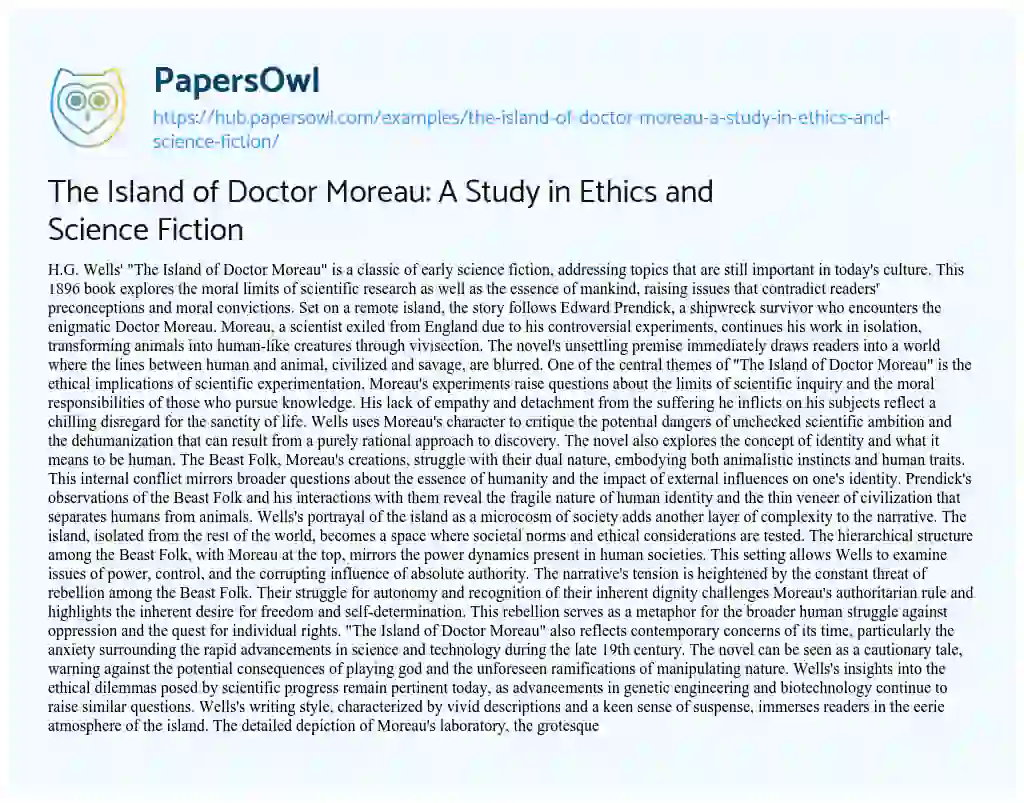 Essay on The Island of Doctor Moreau: A Study in Ethics and Science Fiction