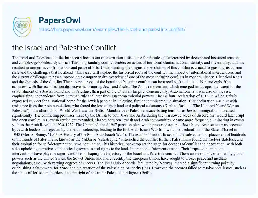 Essay on the Israel and Palestine Conflict