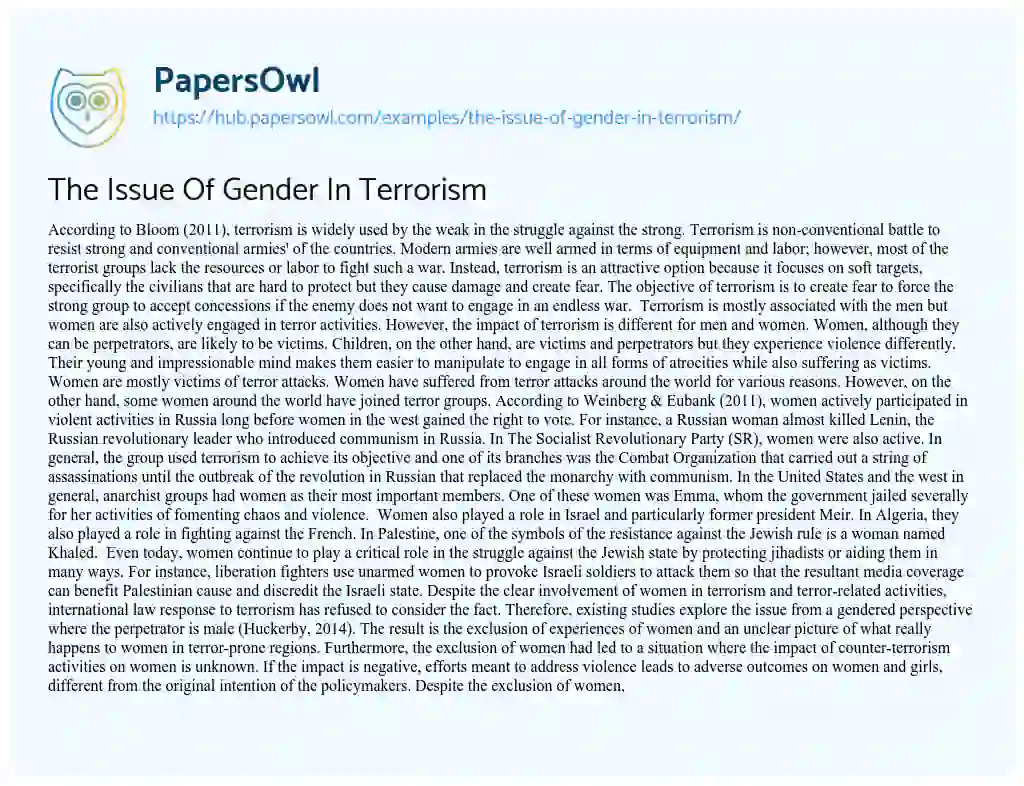 Essay on The Issue Of Gender In Terrorism