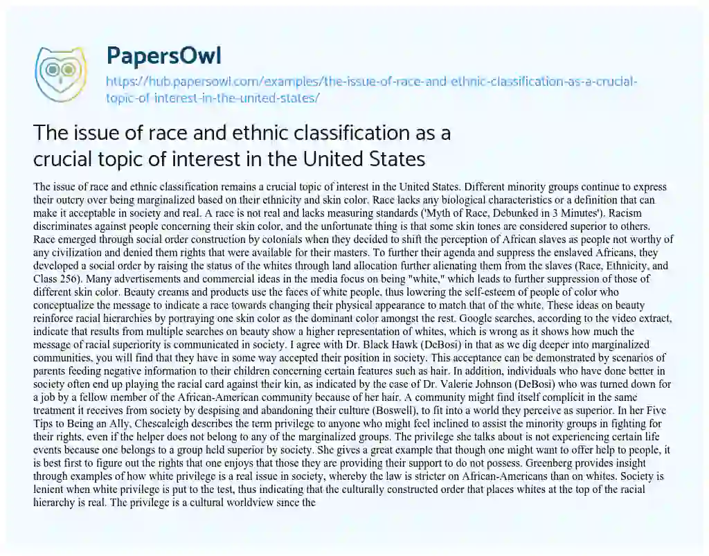 Essay on The issue of race and ethnic classification as a crucial topic of interest in the United States