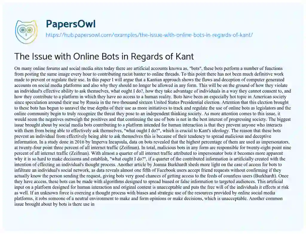 Essay on The Issue with Online Bots in Regards of Kant