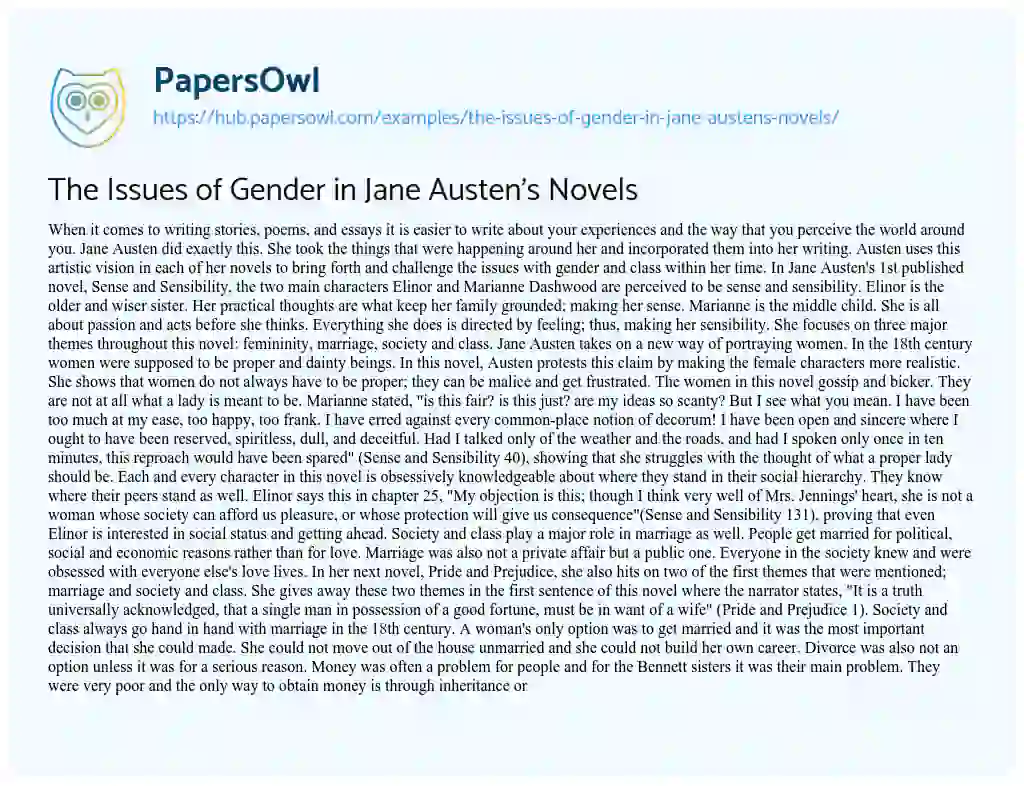 Essay on The Issues of Gender in Jane Austen’s Novels
