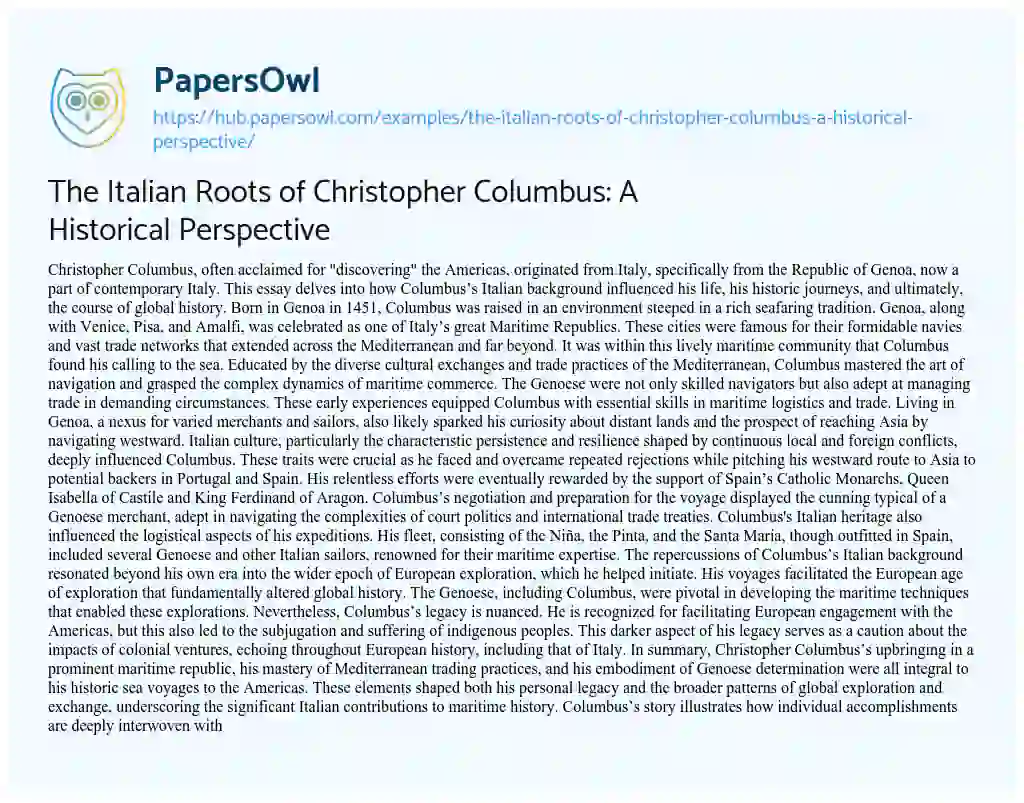 Essay on The Italian Roots of Christopher Columbus: A Historical Perspective