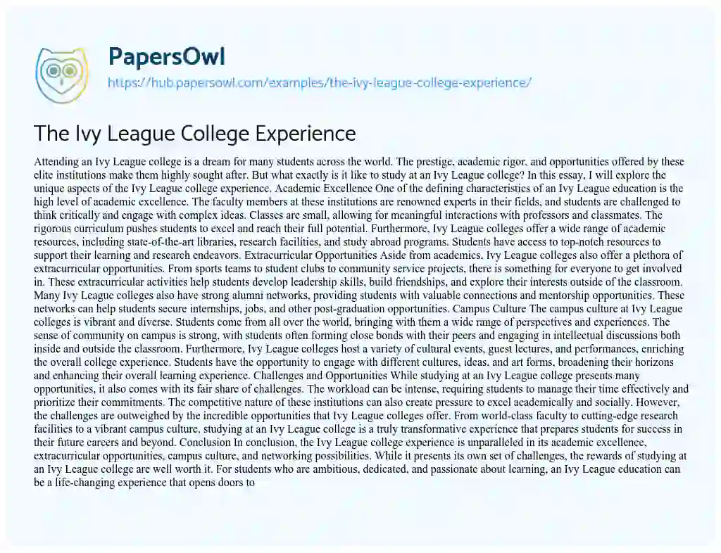 Essay on The Ivy League College Experience