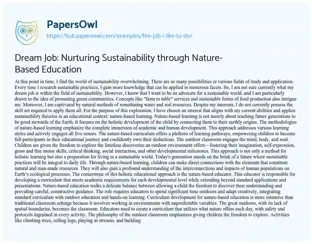 Essay on Dream Job: Nurturing Sustainability through Nature-Based Education