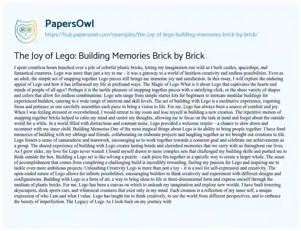 Essay on The Joy of Lego: Building Memories Brick by Brick