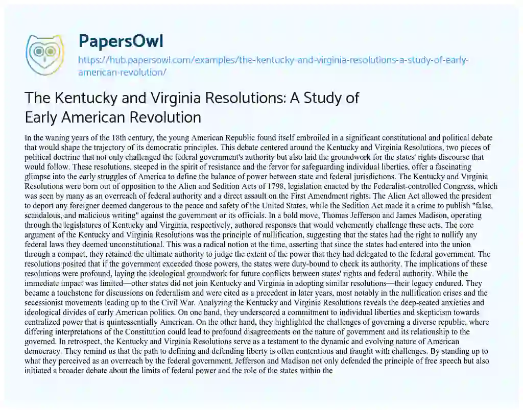 Essay on The Kentucky and Virginia Resolutions: A Study of Early American Revolution