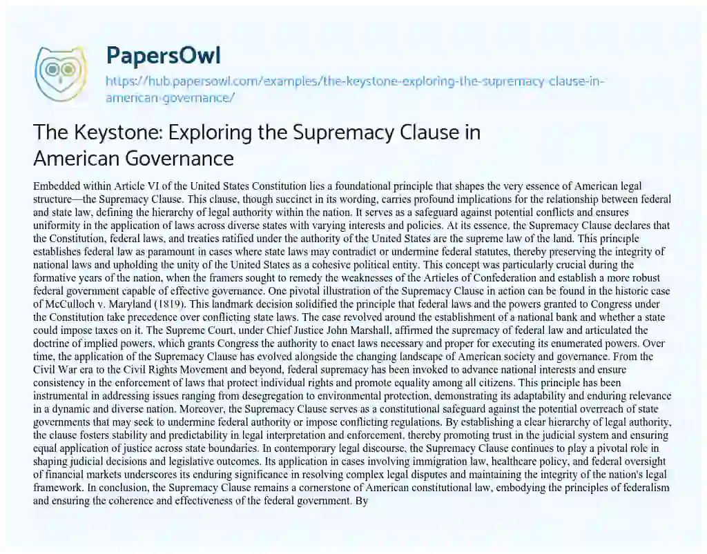 Essay on The Keystone: Exploring the Supremacy Clause in American Governance